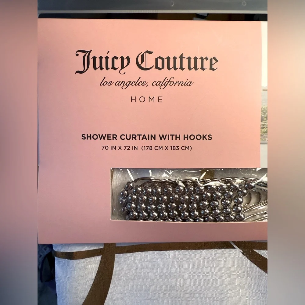 Juicy Couture NWT Stunning Metallic Gold & White Cloth Shower Curtain & Hooks